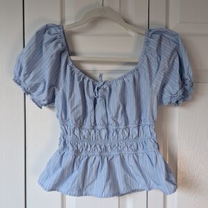 Celebrity Pink Blue Babydoll Milkmaid Blouse Top M Coastal Summer Beachy